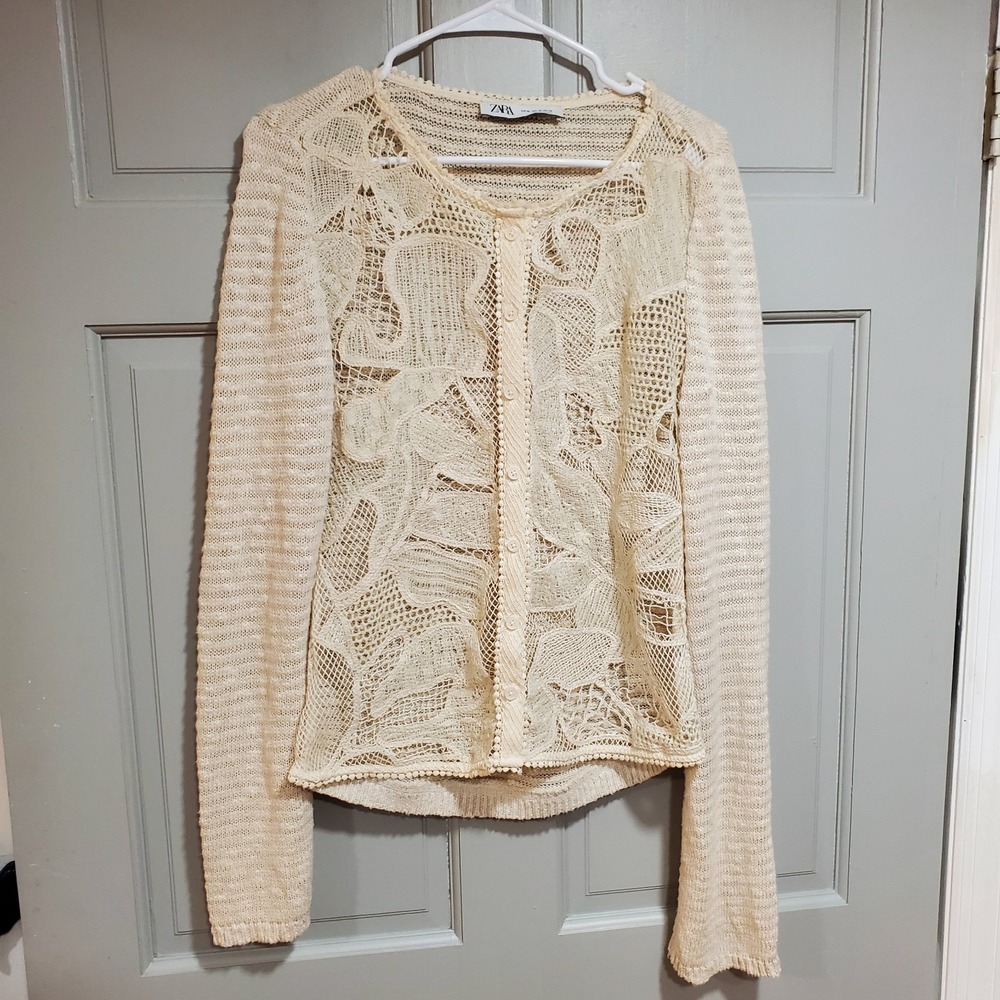 Zara Crochet Cardigan‎ Sweater Womens XL Beige Long Sleeve Button Up Cottagecore